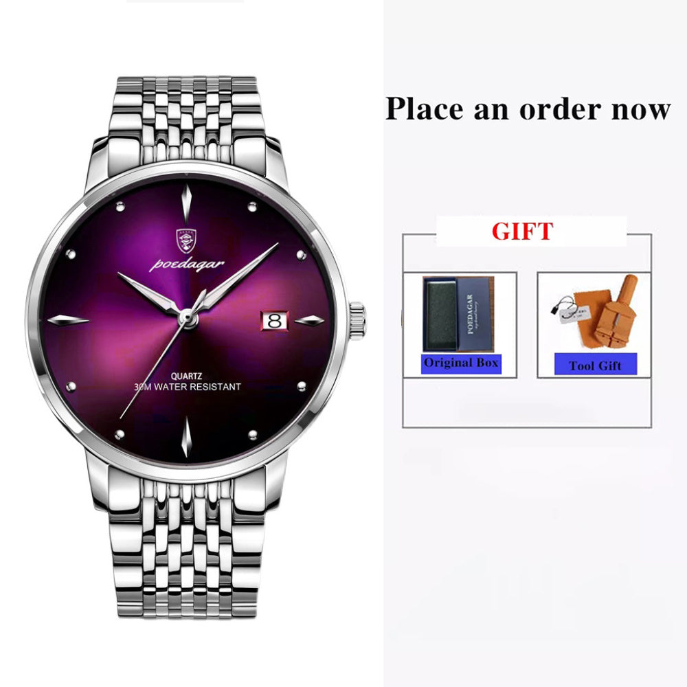 POEDAGAR Top Brand Luxury Men Watch Waterproof Luminous Stainless Steel Watches Sport Quartz Clock Mens Date Business Wristwatch