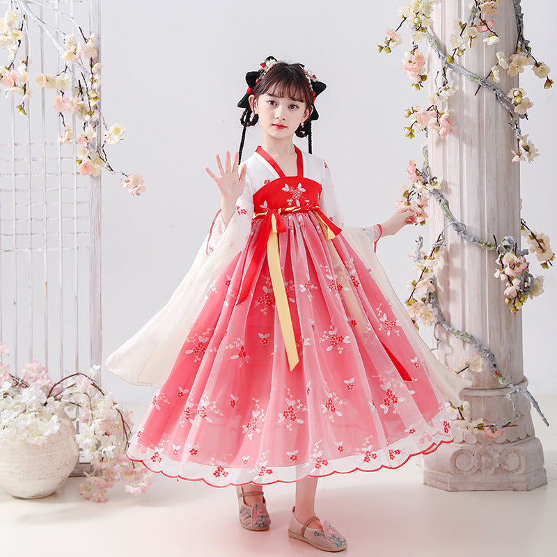 Girls Elegant Vintage Hanfu Dress;  Traditional Thin Flower Embroidered Chinese Style Princess Dress For Party Performance