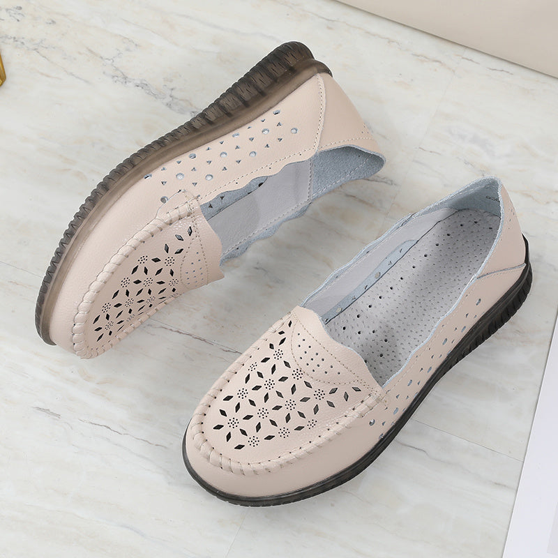 Summer Hollow Women's Casual Shoes Ladies Leather Lofers Breathable Females Flats Shoes Slip-on Soft Moccasins Zapatillas Mujer