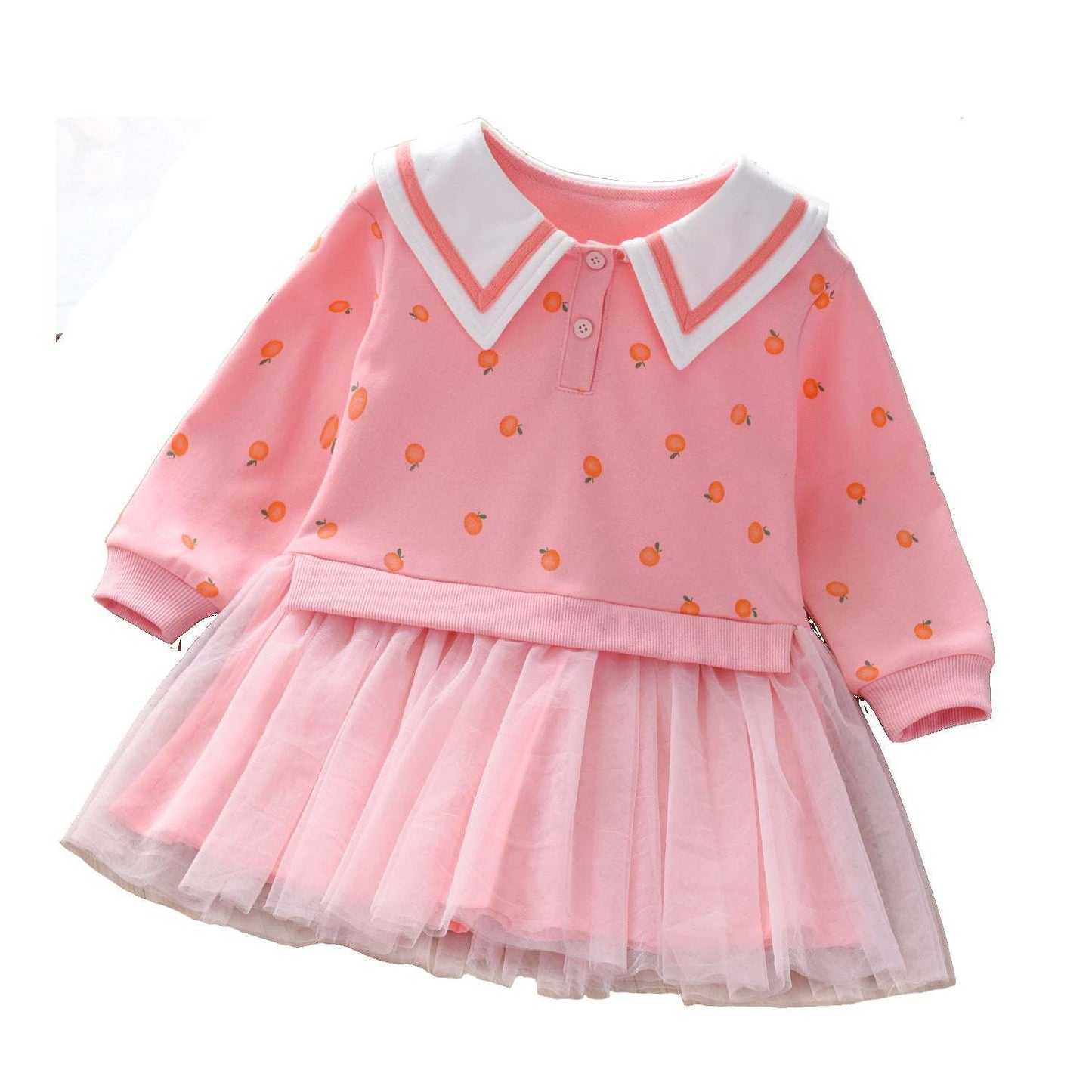 Baby Girl Fruit Pattern College Style Lapel Design Mesh Patchwork Dress