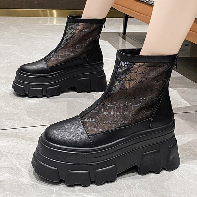 Lucyever 2022 Punk Chunky Platform Ankle Boots for Women Hollow Out Mesh Summer Shoes Woman Black Back Zipper Cool Boots Female