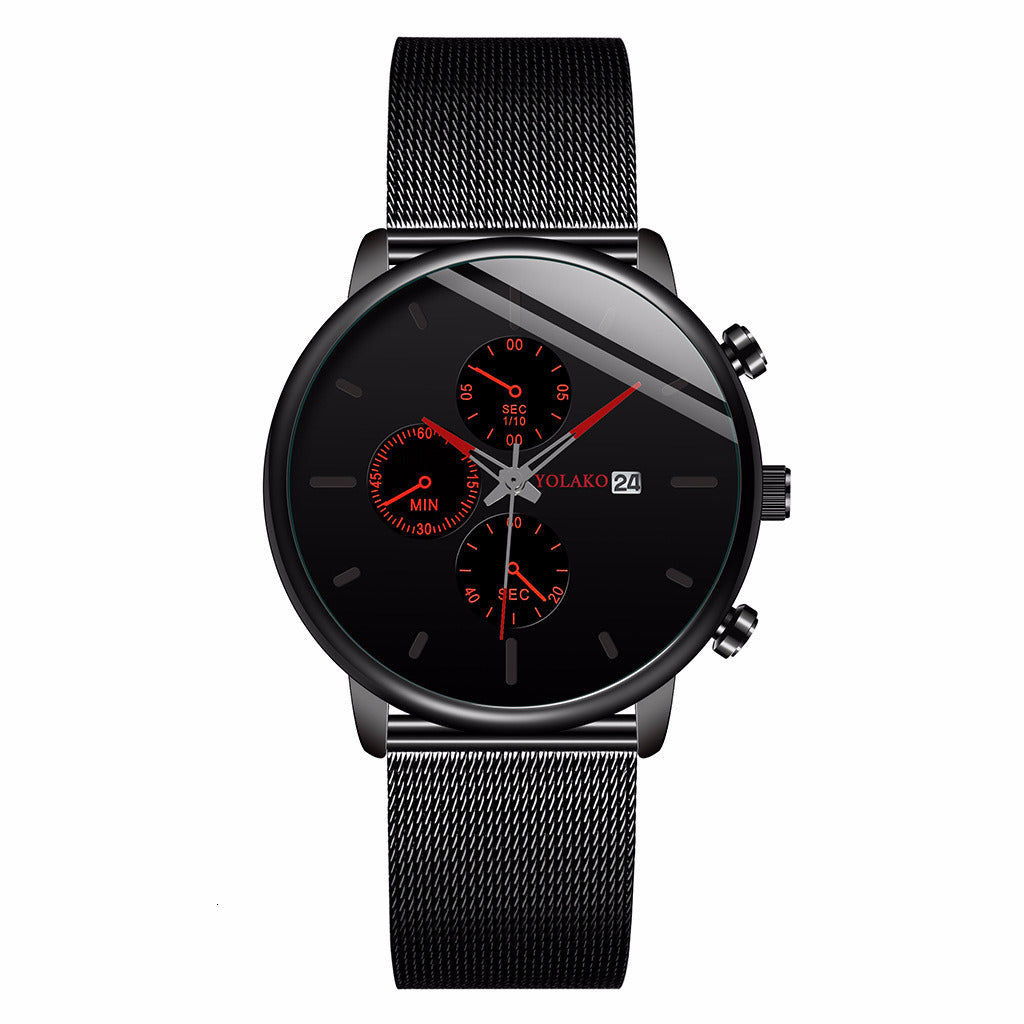 YOLAKO Brand Fashion Mens Watch Casual Calendar Wristwatch Alloy Mesh Belt Ultra-thin Mesh Belt Quartz Watches Chronograph hours