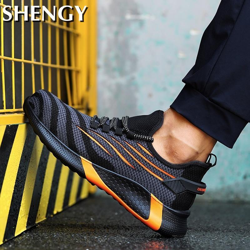 Male Safety Shoes Anti Smashing Anti Puncture Mens Work Shoes Big Size Mesh Breathable Striped Fashion Soft Male Vulcanized Shoe