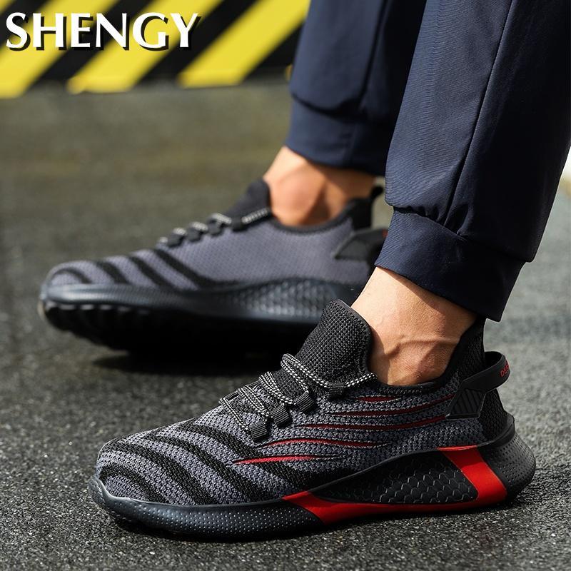 Male Safety Shoes Anti Smashing Anti Puncture Mens Work Shoes Big Size Mesh Breathable Striped Fashion Soft Male Vulcanized Shoe