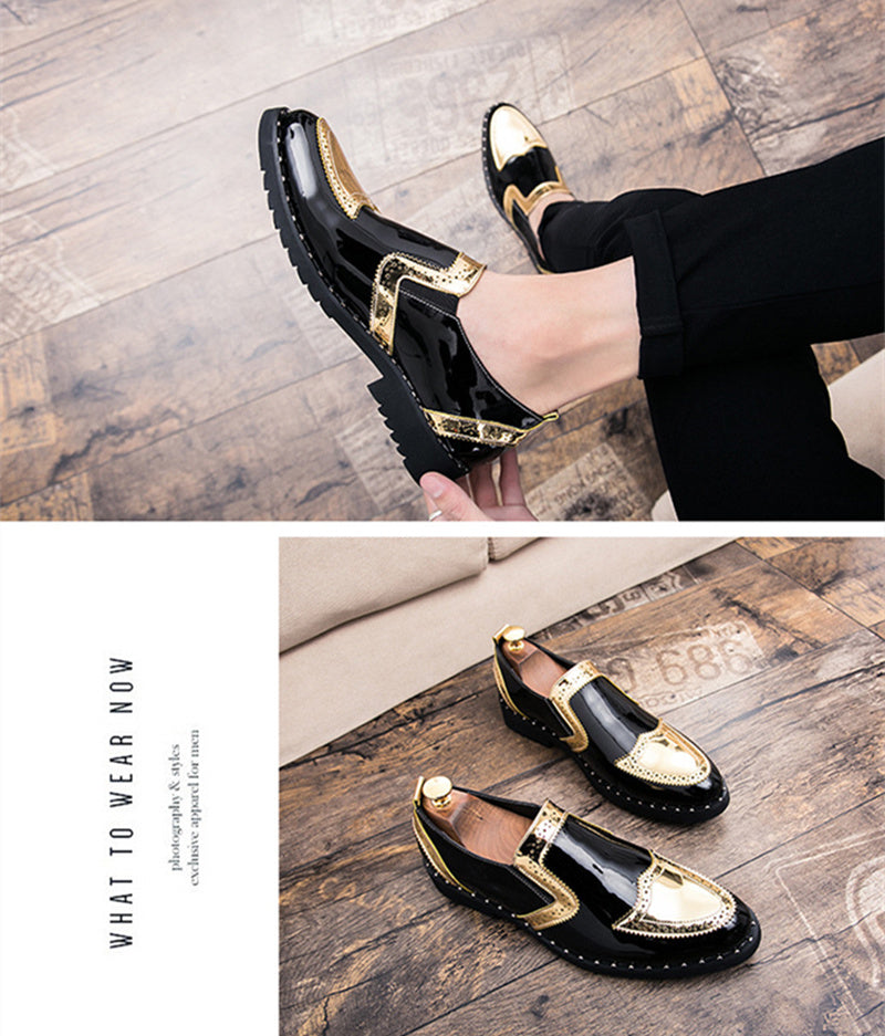 Spring Summer Autumn Low-top Leather Shoe Men Loafers Casual Formal Pointed Toe Flat Slip-on Youth Fashion Colorblock Black Gold