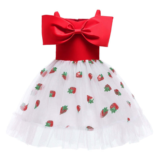 Baby Girl Strawberry Sequins Pattern Bow Tie Design Sling Tutu Formal Dress