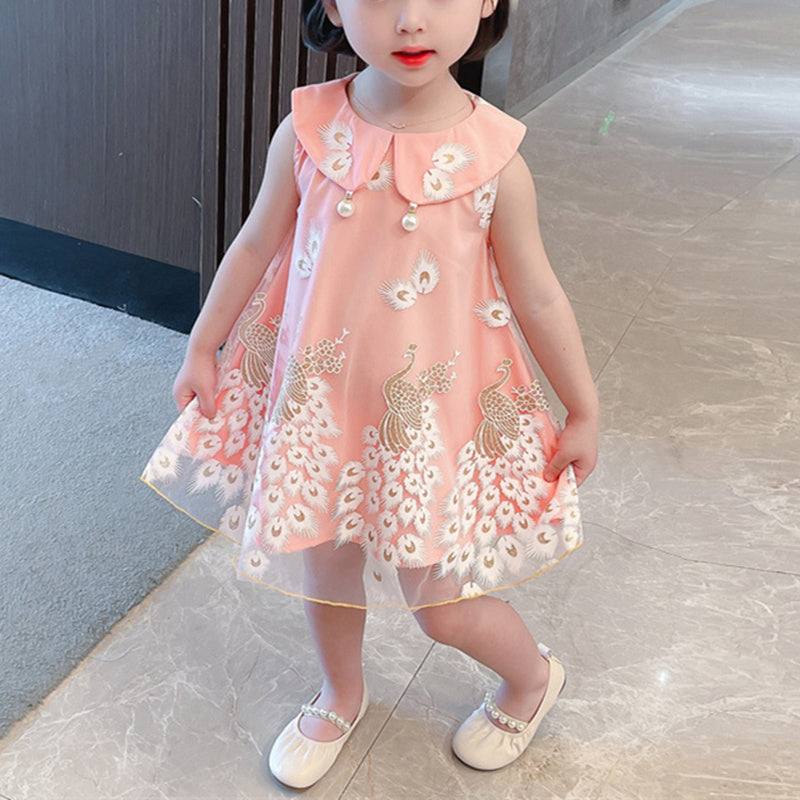 Sleeveless Soft Cozy Dress Tulle Summer Peacock Embroidery Beads Baby Little Girls Middle Child Princess Skirt Zipper Pink White