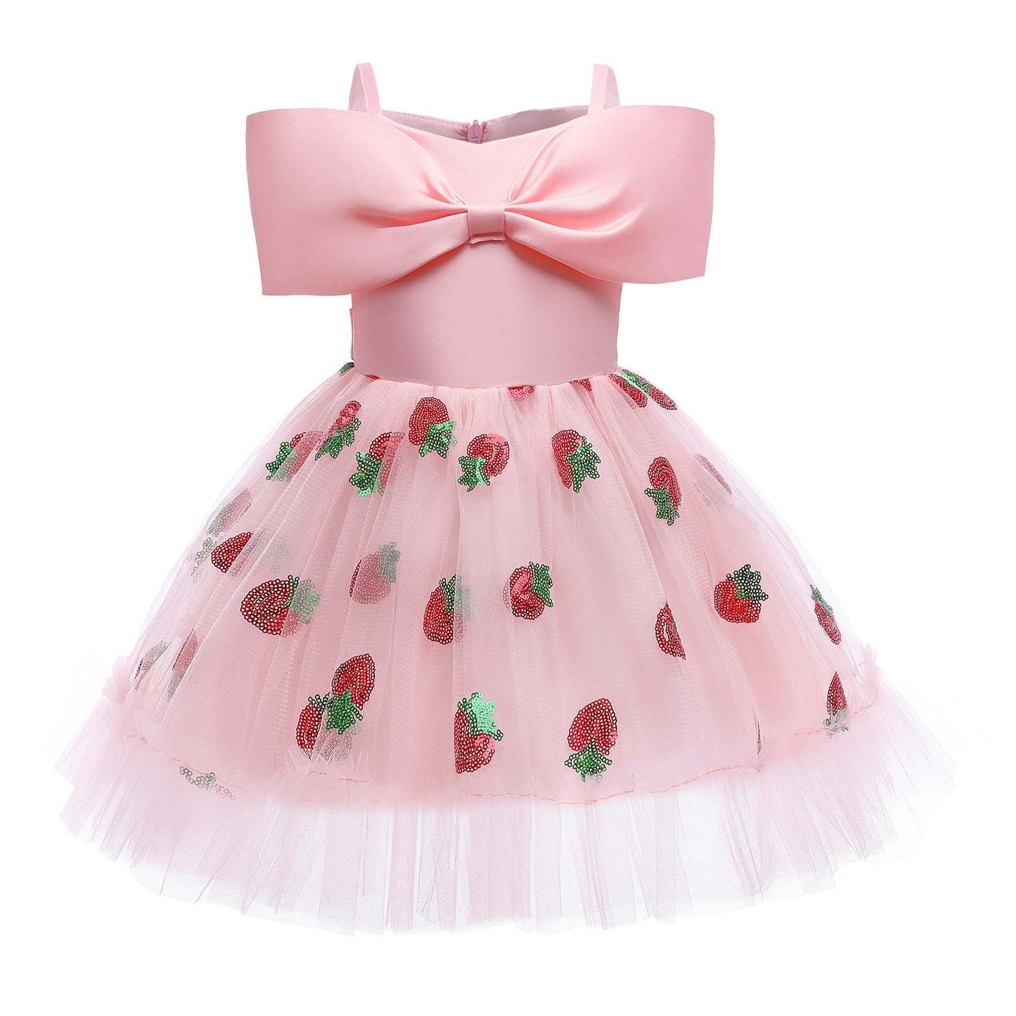 Baby Girl Strawberry Sequins Pattern Bow Tie Design Sling Tutu Formal Dress