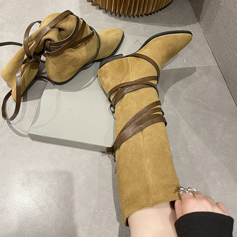 Lucyever Flock Pointed Toe Womens Mid Calf Boots 2022 Fashion Slip on Square Heels Shoes Women Cross Strap Long Boots Female