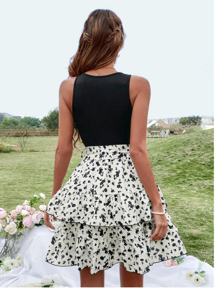 Summer Stitching Mini Dress Women Girl New Crew Neck Floral Sleeveless Belt Office Casual Beach Skirt Swing Flowy Hem Light Soft