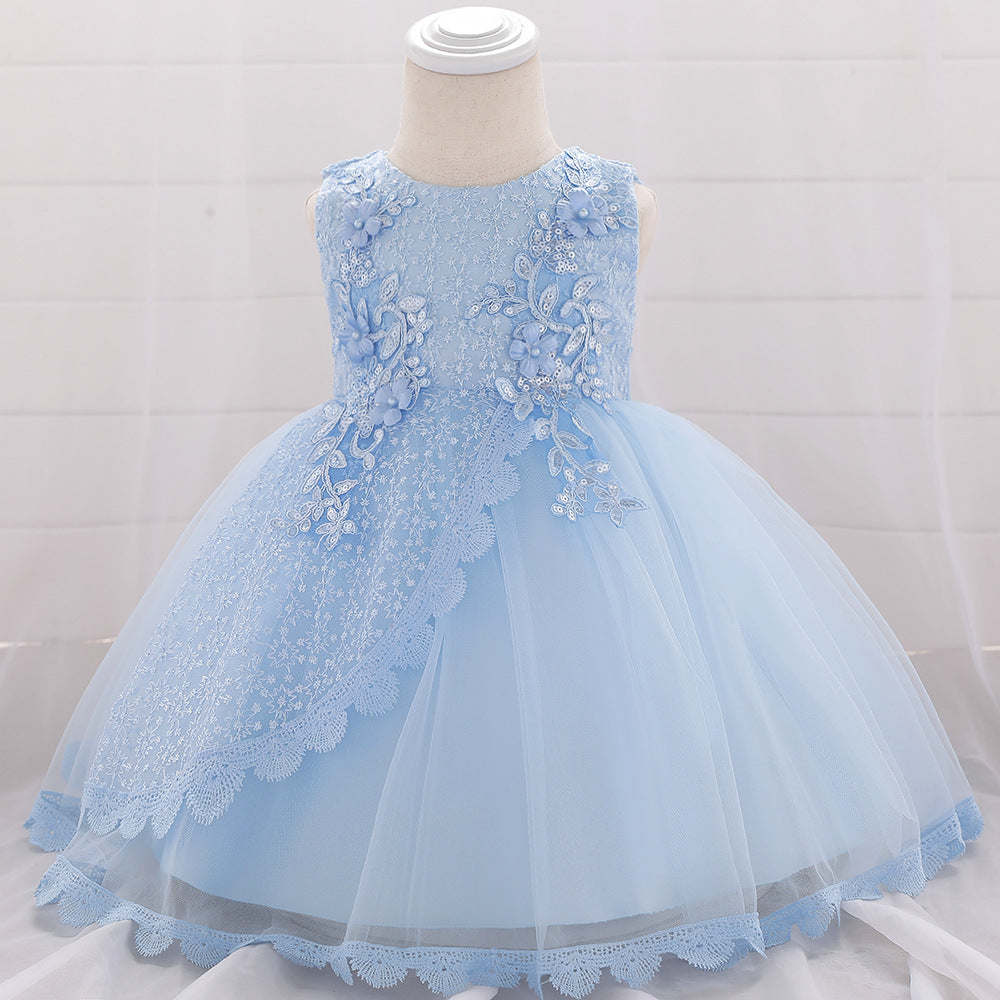 Baby Girl Floral Embroidered Pattern Full Moon Christening Sequins Tutu Dress