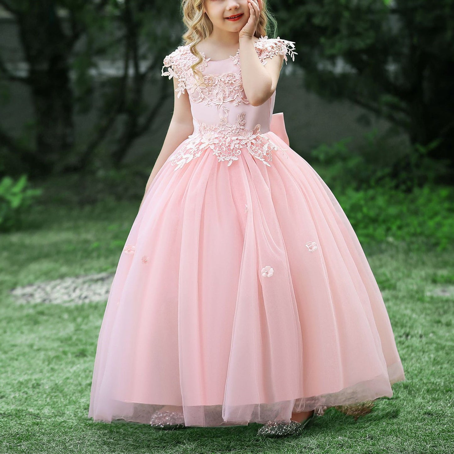 Children Long Bubble Skirt Evening Dress Girls Lace Flowers Bead Tulle Ball Gown Mid-waist Zipper Kids Tutu Dress Performance Wedding