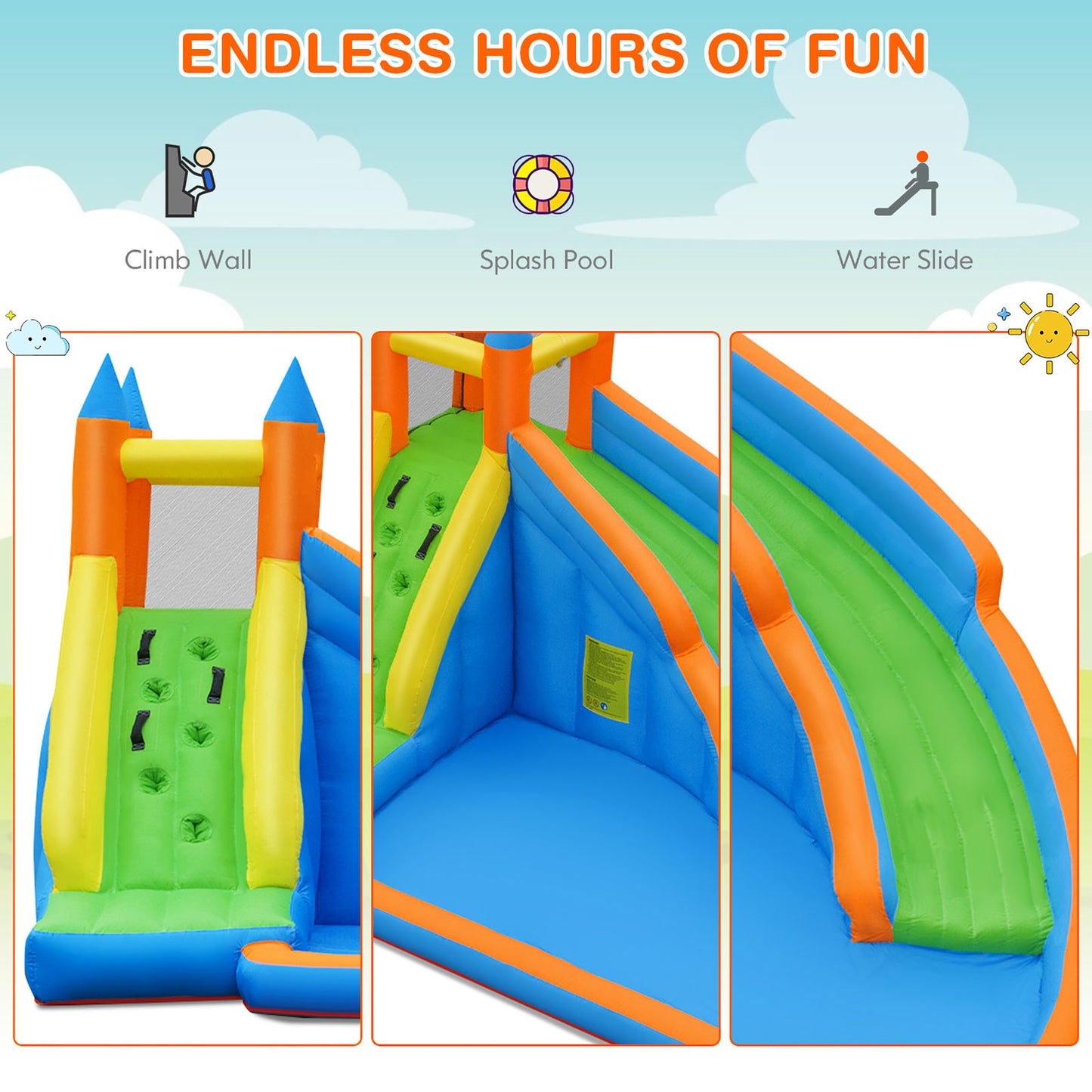 Inflatable water slides; bouncy castles. kids toys.