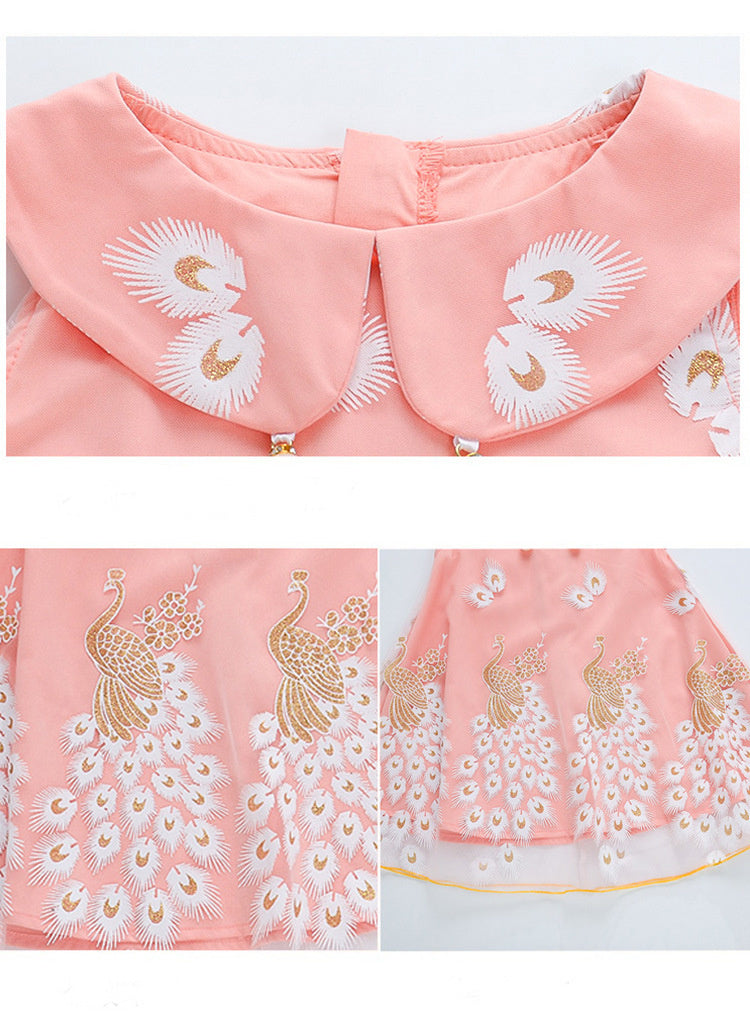 Sleeveless Soft Cozy Dress Tulle Summer Peacock Embroidery Beads Baby Little Girls Middle Child Princess Skirt Zipper Pink White