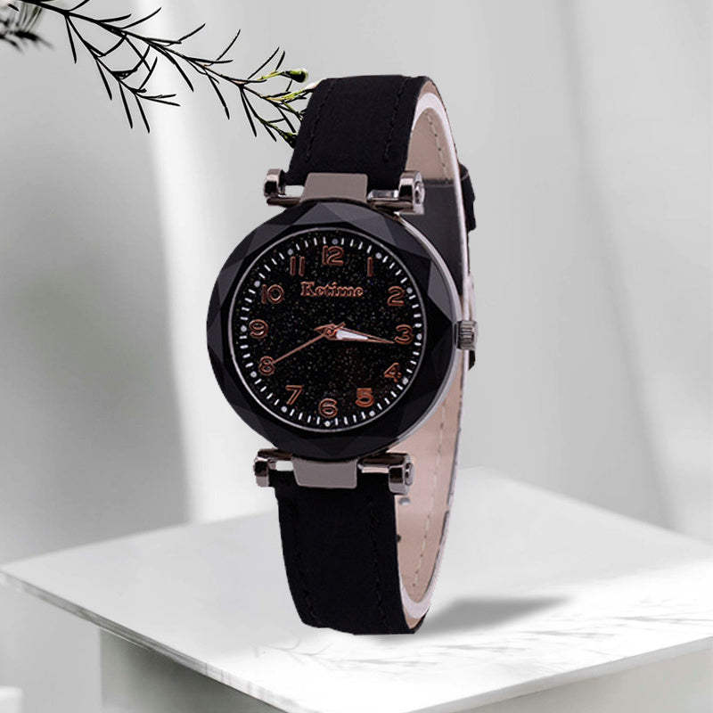 Black Starry Sky Bright Women's Watch Korean Rose Gold Quartz Watch Womens Watch Fashion Leather-Belt Watch