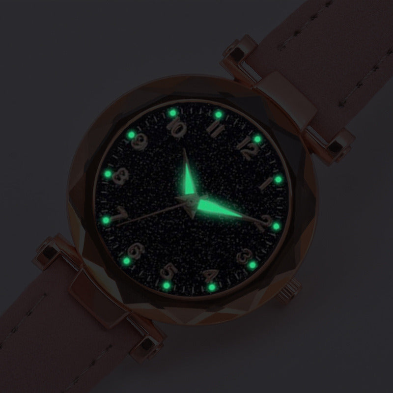 Black Starry Sky Bright Women's Watch Korean Rose Gold Quartz Watch Womens Watch Fashion Leather-Belt Watch