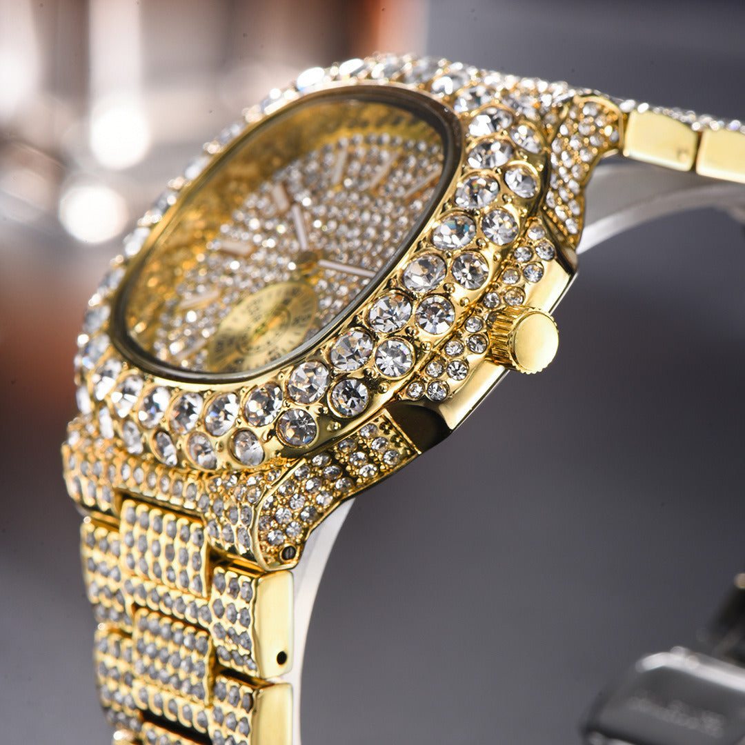 Full Diamond Hip Hop Calendar Luminous Quartz Waterproof Business Men's Gold Watch