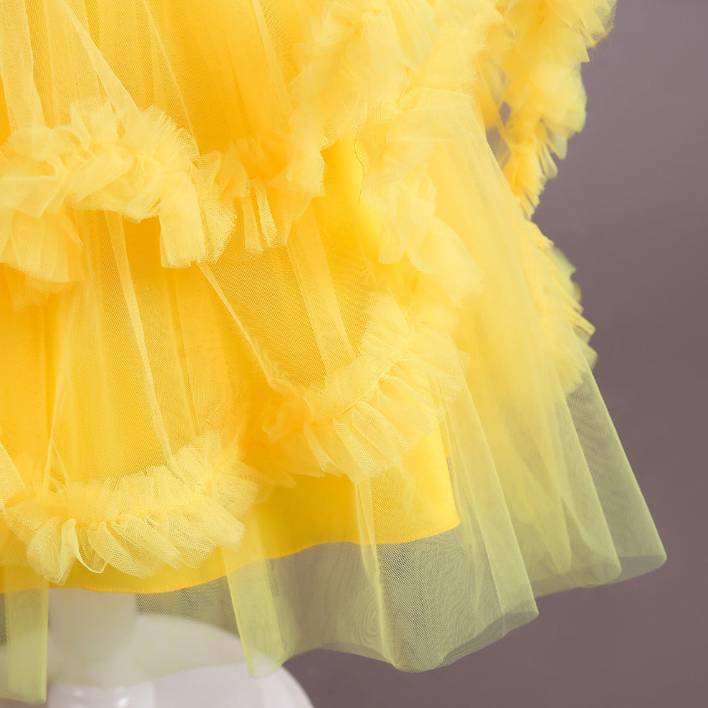 Children Short Tiered Bubble Skirt Evening Dress Girls Lace Tulle Ball Gown Rhinestone Mid-waist Zipper Kids Tutu Dress Performance