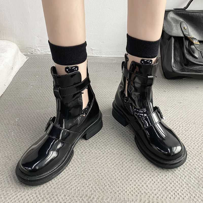 Lucyever Hollow Out Womens Patent Leather Ankle Boots 2022 Fashion Buckle Platform Boots Woman Thick Heels Black Gothic Shoes