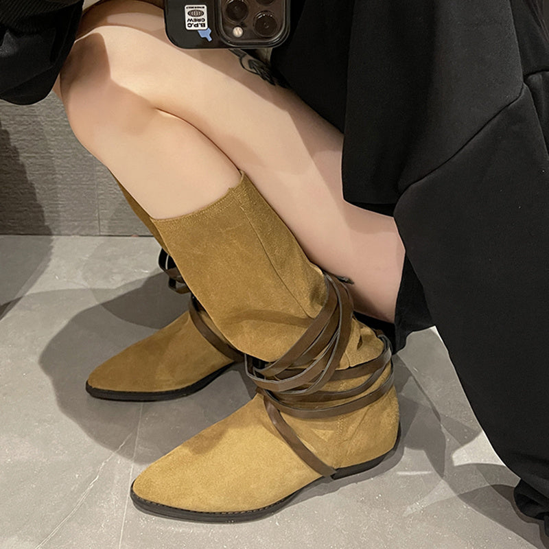 Lucyever Flock Pointed Toe Womens Mid Calf Boots 2022 Fashion Slip on Square Heels Shoes Women Cross Strap Long Boots Female