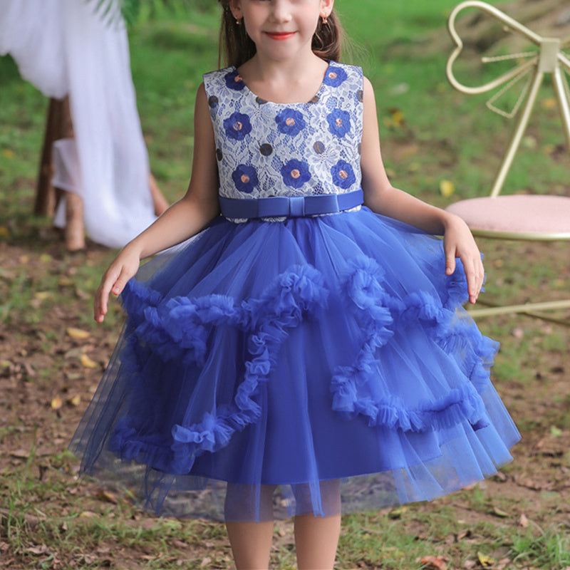 Children Short Tiered Bubble Skirt Evening Dress Girls Lace Tulle Ball Gown Rhinestone Mid-waist Zipper Kids Tutu Dress Performance