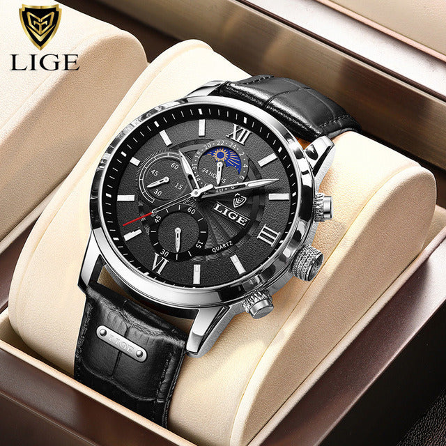 2022 New Mens Watches LIGE Top Brand Luxury Leather Casual Quartz Watch Men's Sport Waterproof Clock Watch Relogio Masculino+Box