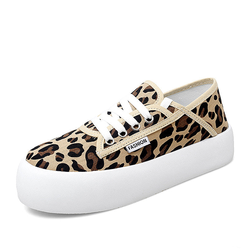 Designer Women Canvas Shoes Solid Leopard Sneakers Breathable Casual Shoes Woman Flats Spring Lace Up Round Toe Women Flat Shoes