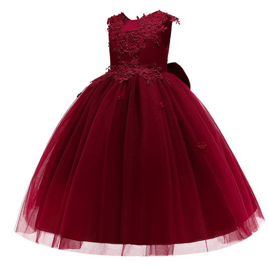 Children Long Bubble Skirt Evening Dress Girls Lace Flowers Bead Tulle Ball Gown Mid-waist Zipper Kids Tutu Dress Performance Wedding