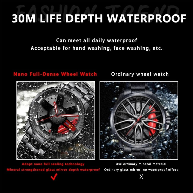 Fashion Luxury Mens Car Wheel Watches Man Business Stainless Steel Waterproof Watch for Men Casual Luminous Quartz Wristwatch