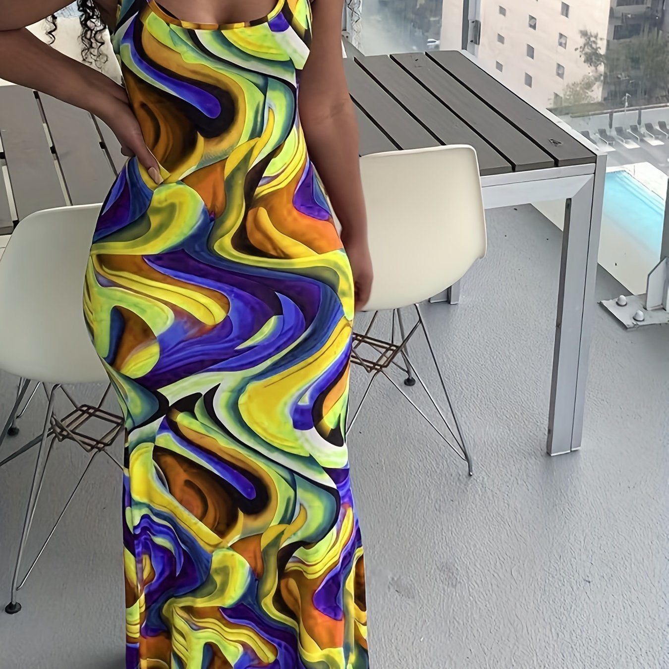 Abstract Ripple Print Dress, Sexy U Neck Sleeveless Bodycon Maxi Dress, Women's Clothing