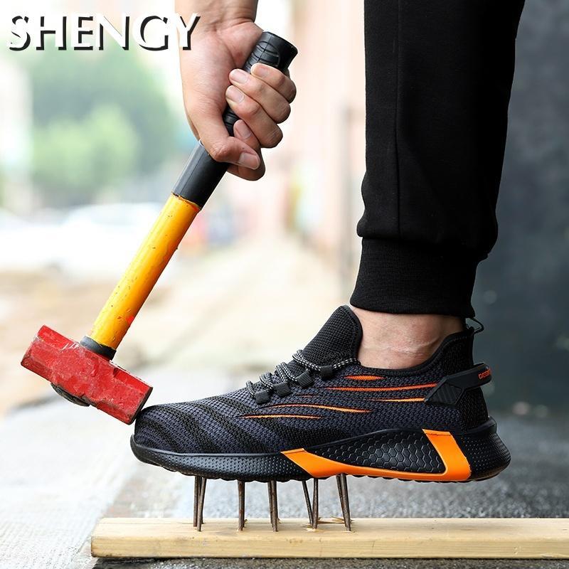 Male Safety Shoes Anti Smashing Anti Puncture Mens Work Shoes Big Size Mesh Breathable Striped Fashion Soft Male Vulcanized Shoe