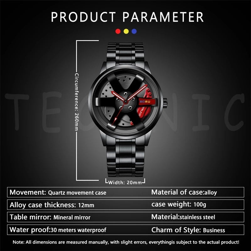 Fashion Luxury Mens Car Wheel Watches Man Business Stainless Steel Waterproof Watch for Men Casual Luminous Quartz Wristwatch