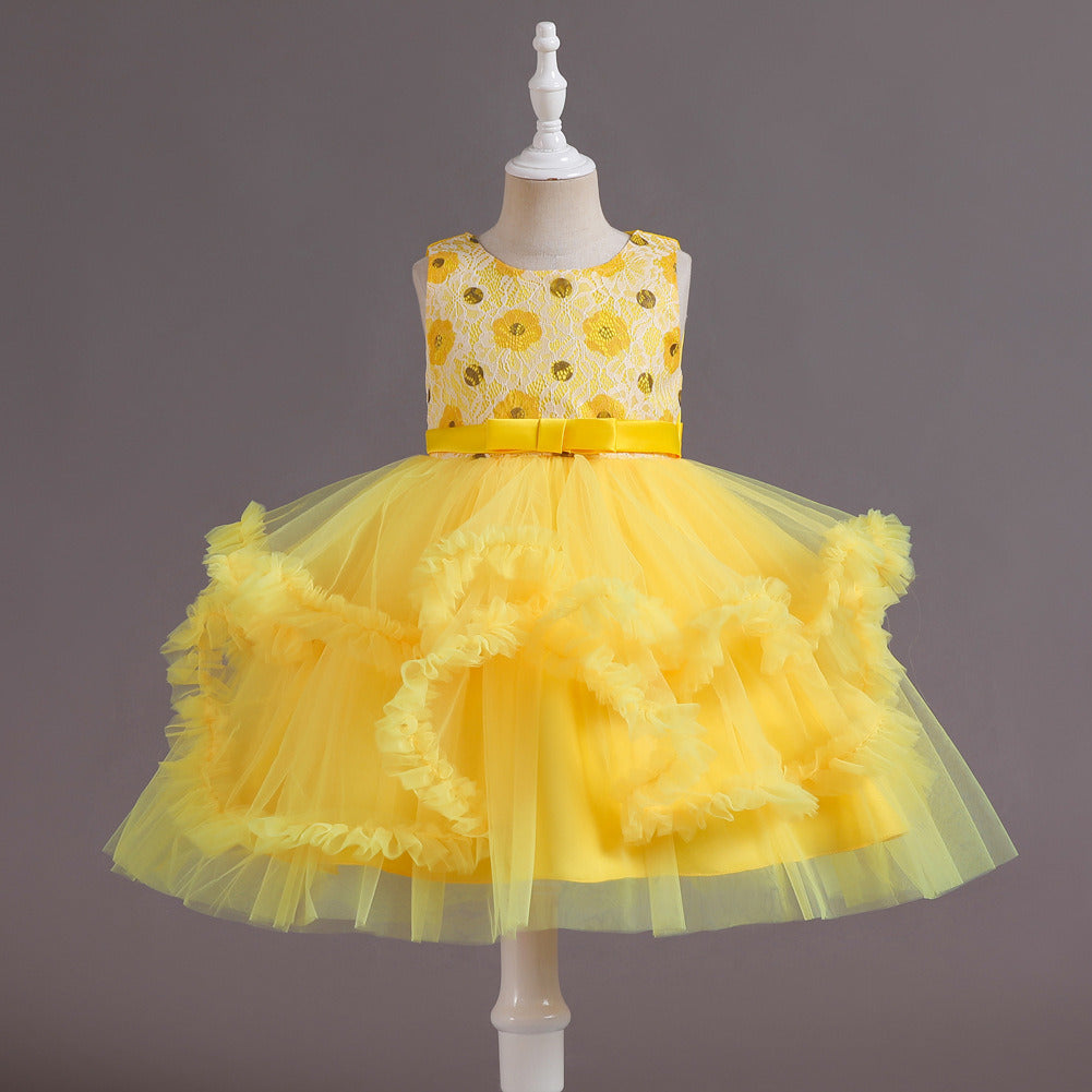 Children Short Tiered Bubble Skirt Evening Dress Girls Lace Tulle Ball Gown Rhinestone Mid-waist Zipper Kids Tutu Dress Performance