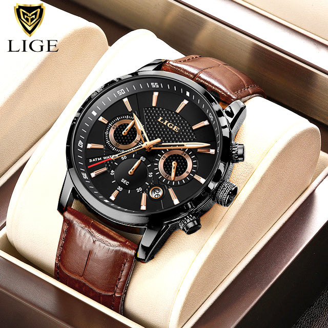 2022 New Mens Watches LIGE Top Brand Luxury Leather Casual Quartz Watch Men's Sport Waterproof Clock Watch Relogio Masculino+Box