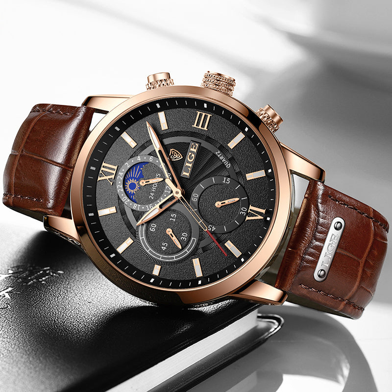 2022 New Mens Watches LIGE Top Brand Luxury Leather Casual Quartz Watch Men's Sport Waterproof Clock Watch Relogio Masculino+Box