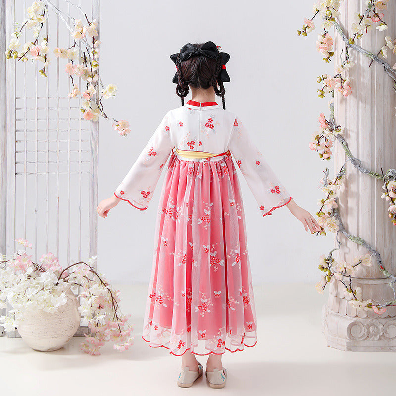 Girls Elegant Vintage Hanfu Dress;  Traditional Thin Flower Embroidered Chinese Style Princess Dress For Party Performance