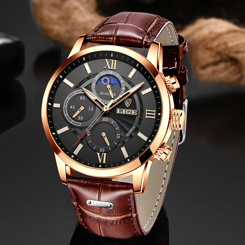 2022 New Mens Watches LIGE Top Brand Luxury Leather Casual Quartz Watch Men's Sport Waterproof Clock Watch Relogio Masculino+Box