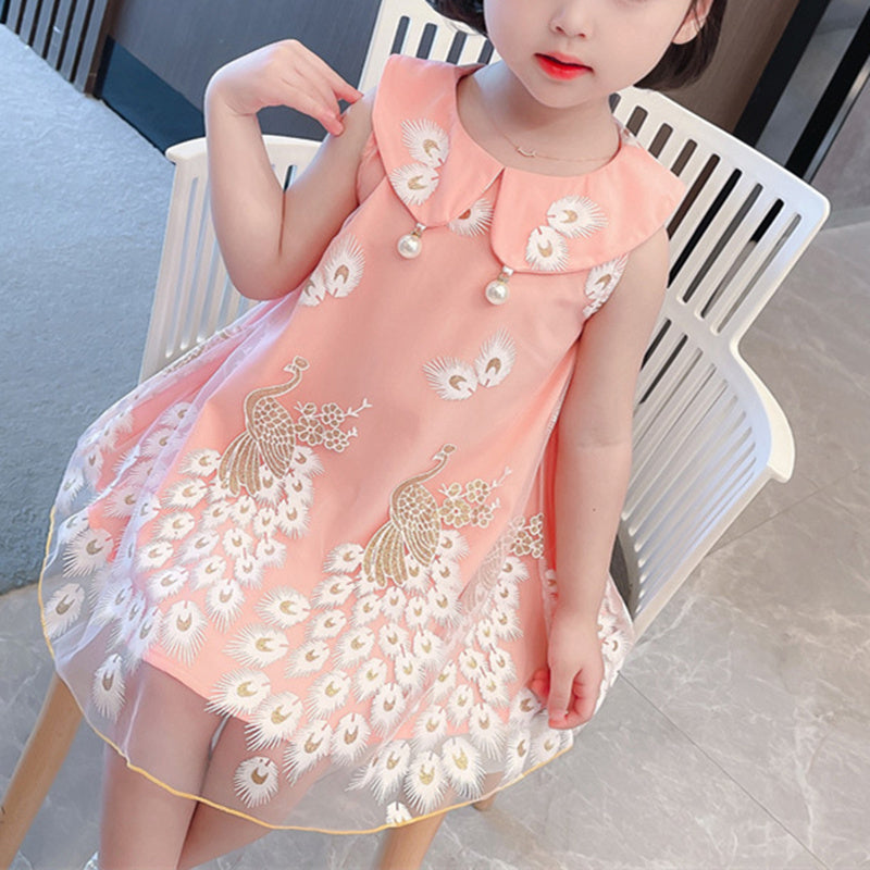 Sleeveless Soft Cozy Dress Tulle Summer Peacock Embroidery Beads Baby Little Girls Middle Child Princess Skirt Zipper Pink White