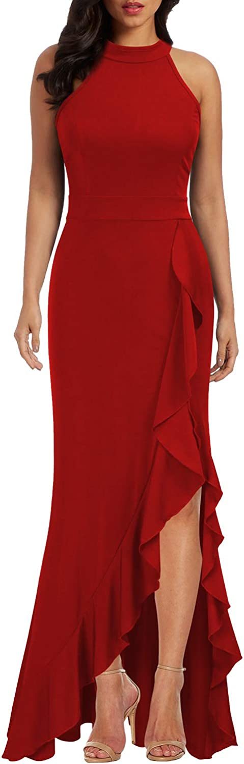 Women's High Neck Split Bodycon Mermaid Evening Cocktail Long Dress