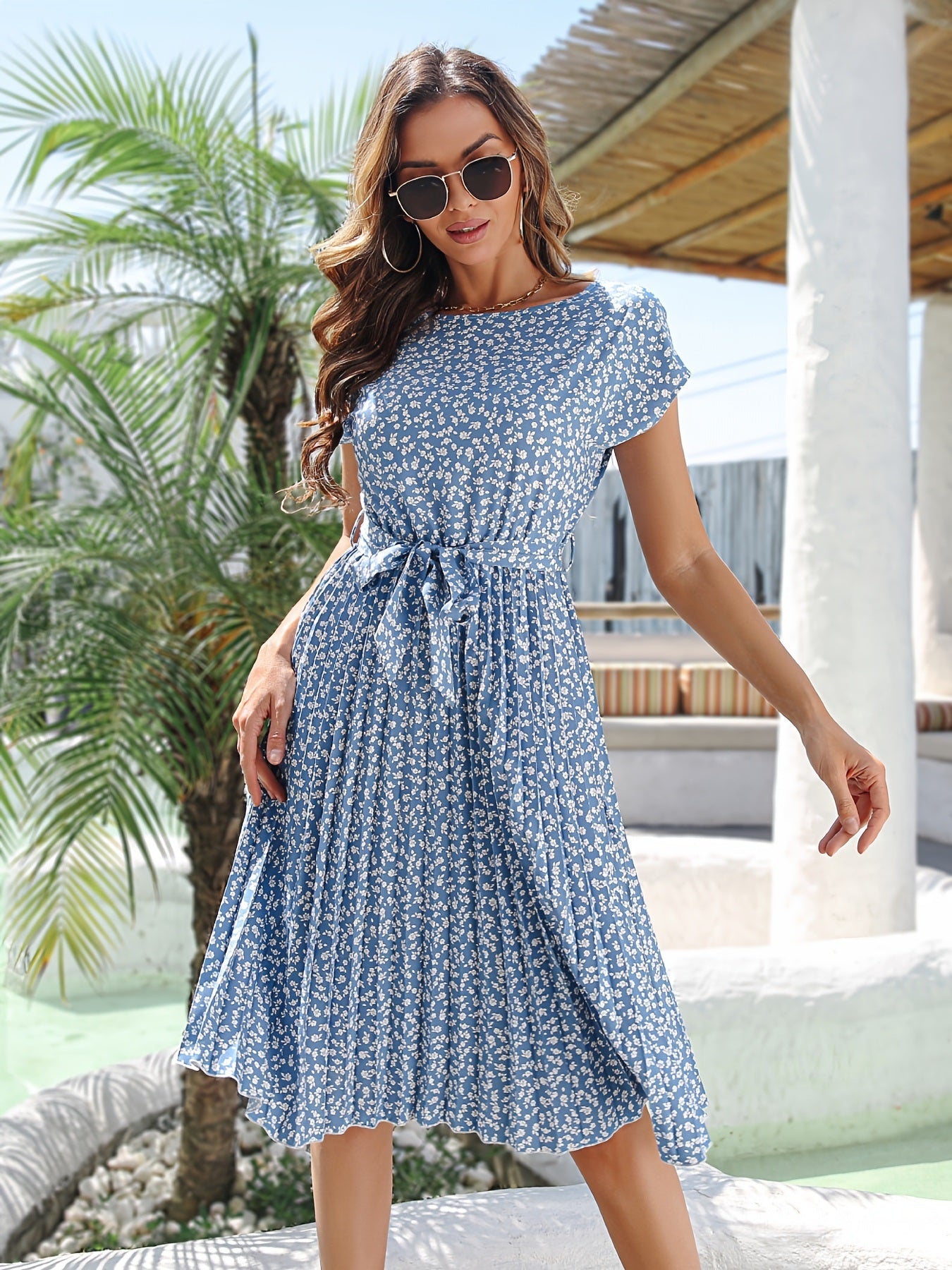 Ditsy Floral Print Belted Dress; Short Sleeve Casual Every Day Vacation Dress For Spring & Summer; Women's Clothing