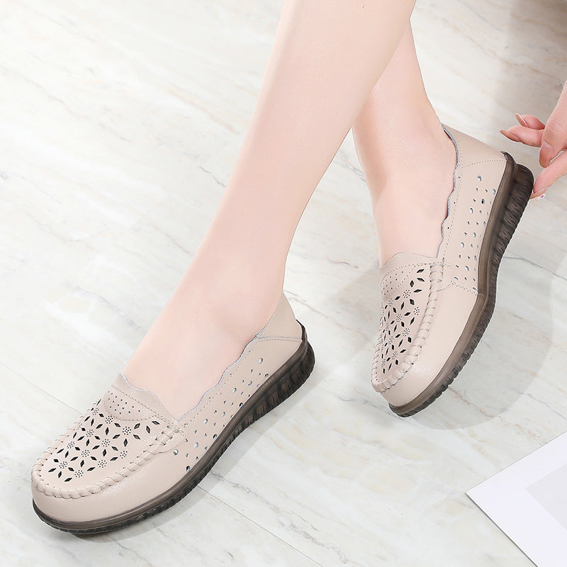 Summer Hollow Women's Casual Shoes Ladies Leather Lofers Breathable Females Flats Shoes Slip-on Soft Moccasins Zapatillas Mujer