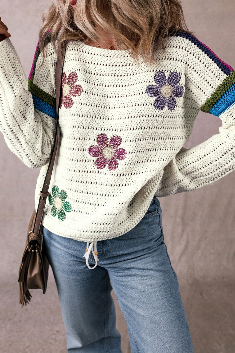 Flower Round Neck Long Sleeve Sweater