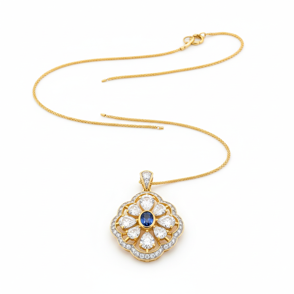Gold necklace with a floral pendant featuring a blue gemstone on a white background