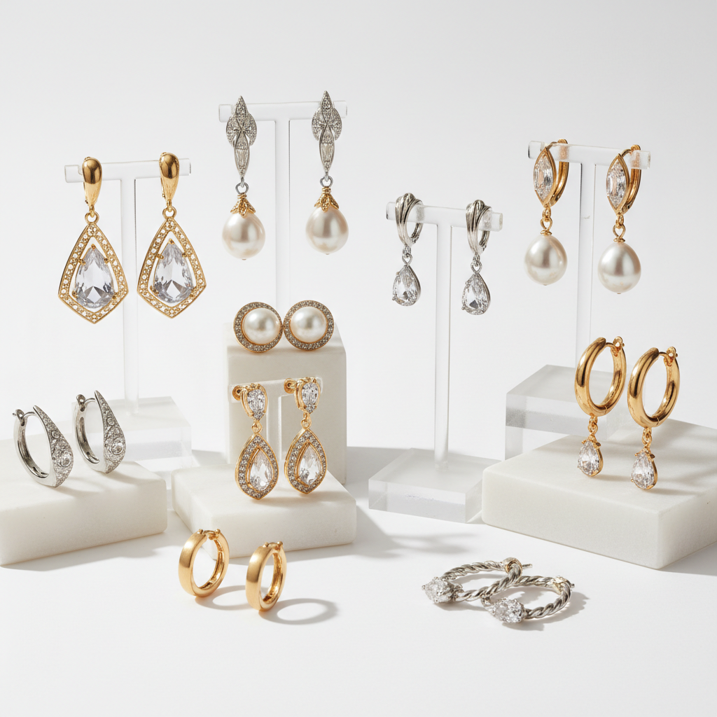 Collection of gold and pearl earrings on a white background