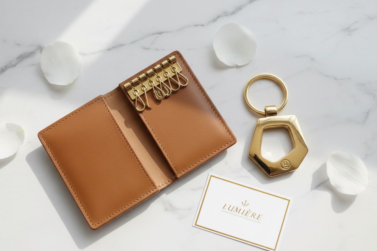 Brown leather key organizer with gold keys and bottle opener on a marble surface with 'Lumiere' card.
