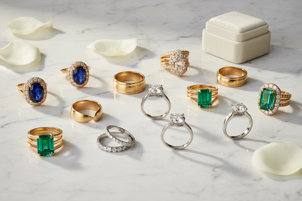 Collection of gold and silver rings with gemstones on a marble surface.