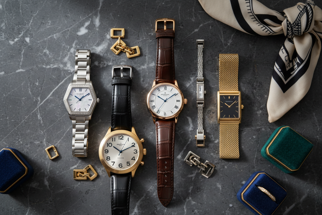 Collection of watches on a dark marble surface with decorative elements.