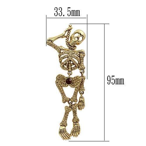 Gold skeleton pendant with measurements on a white background