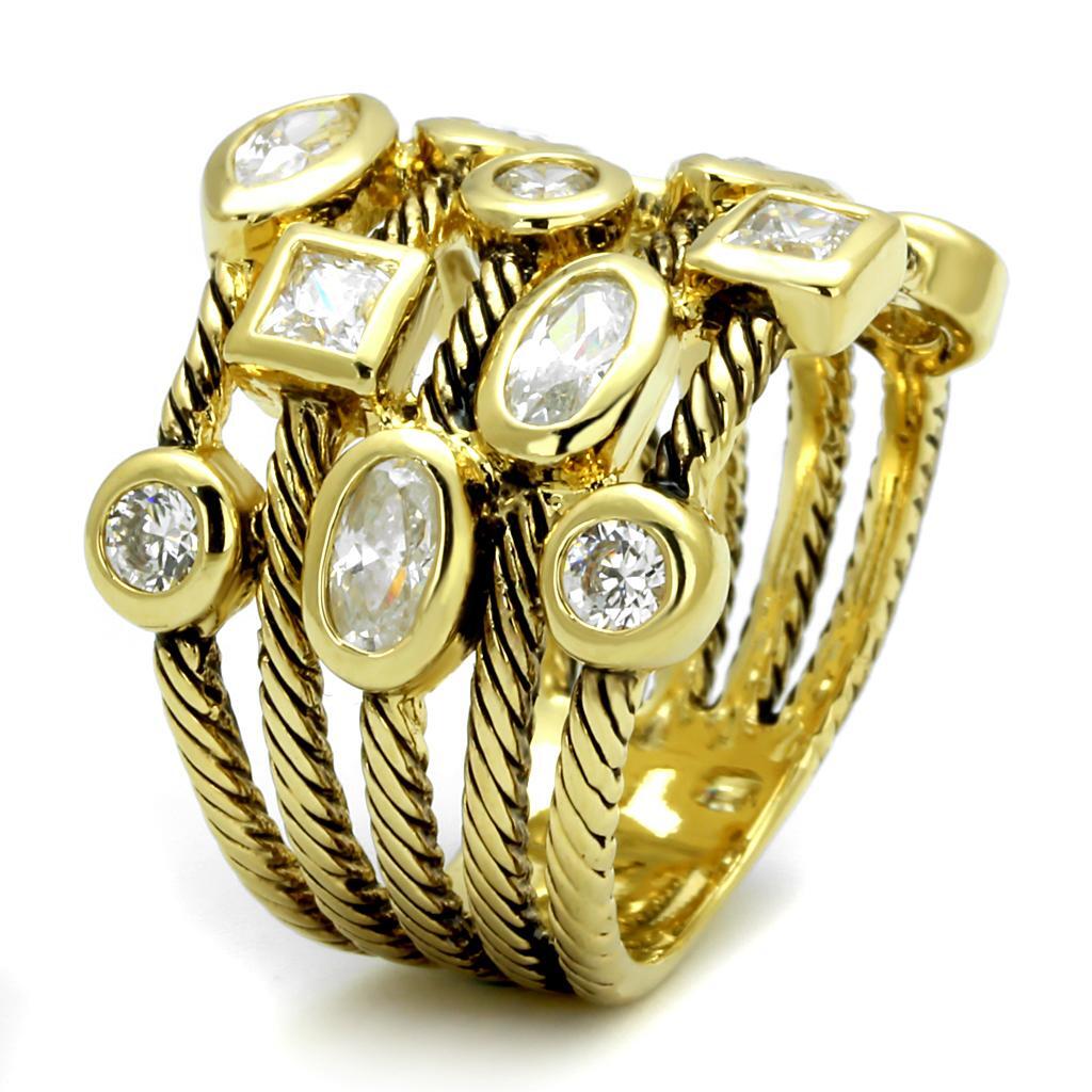 Gold ring with multiple diamond stones on a white background