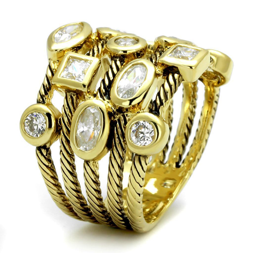 Gold ring with multiple diamond stones on a white background